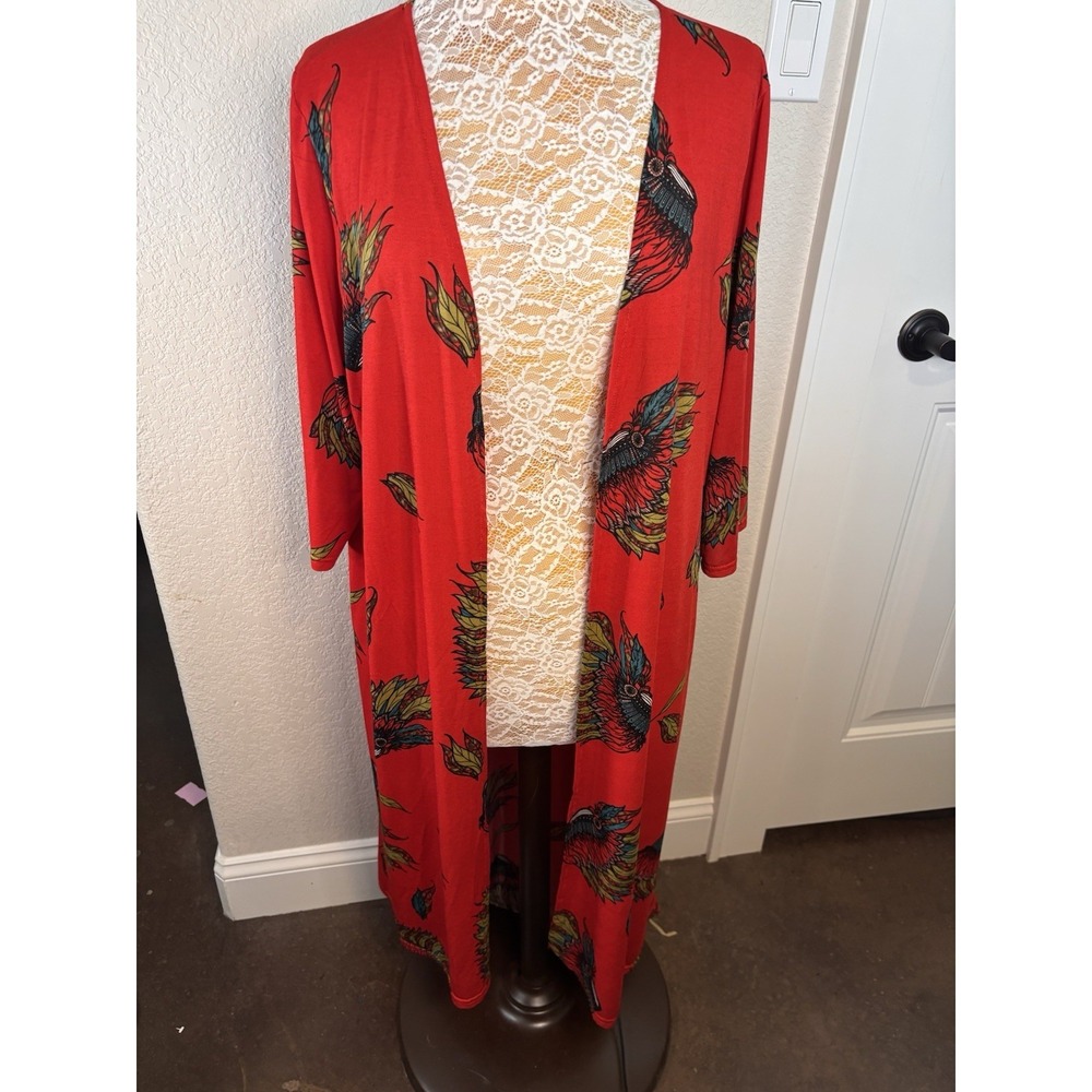 Southern Stitch Red Kimono Duster Maxi Cardigan Feather Headdress Print L/XL